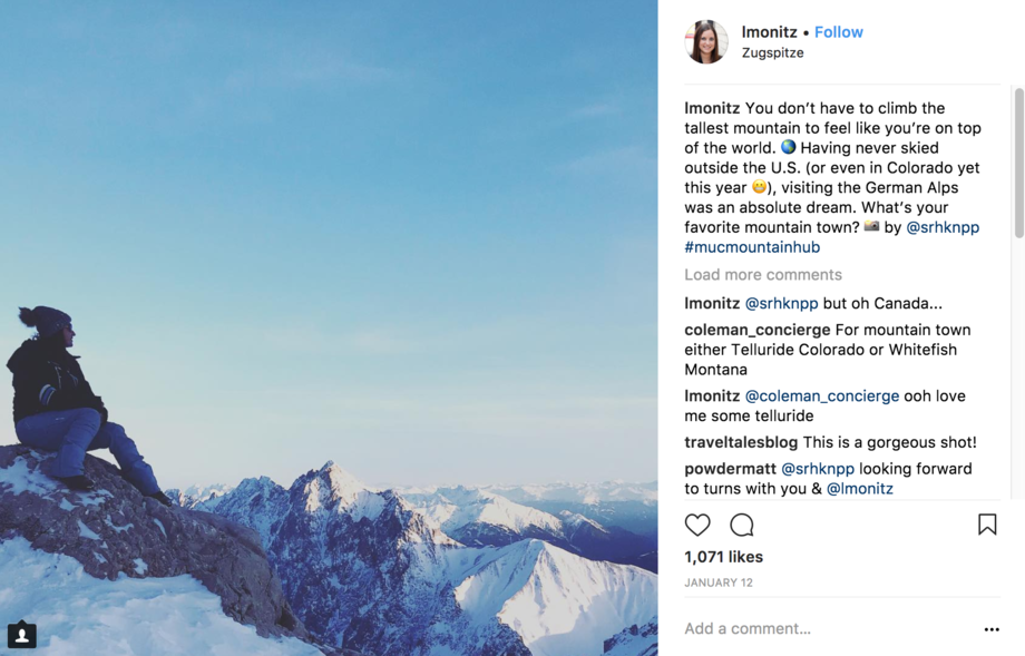 Woman sitting on top of a snow-covered mountain. Comments to the right.