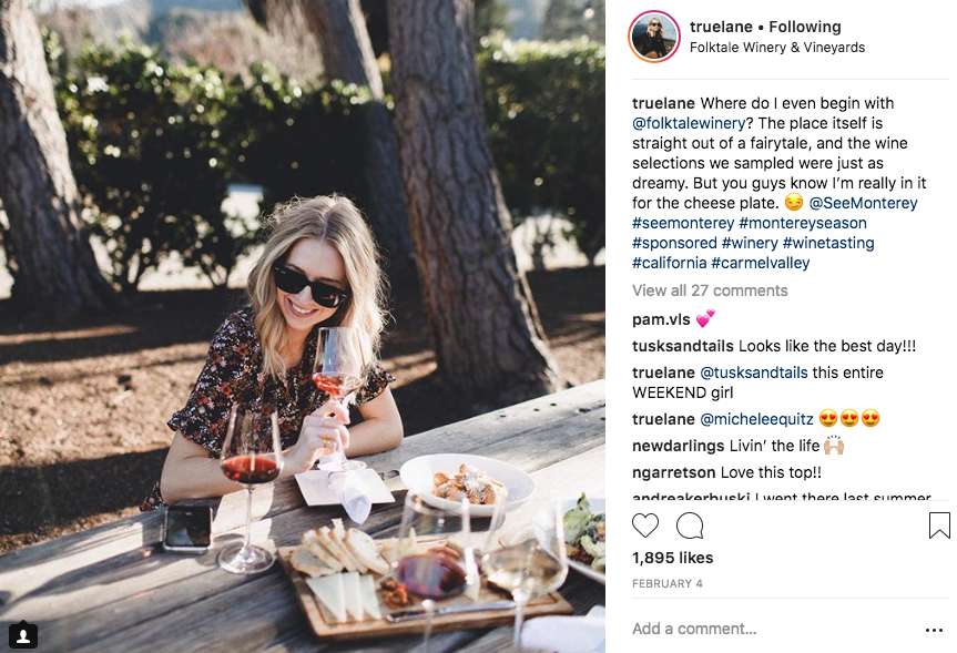 Instagram capture of women drinking wine at Folktale Winery & Vineyards. Comments on the right.